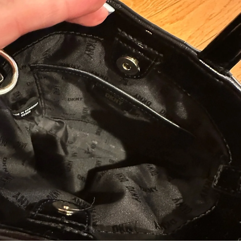 DKNY North South Crossbody Black Faux Leather Mini Tote with Sherpa Trim